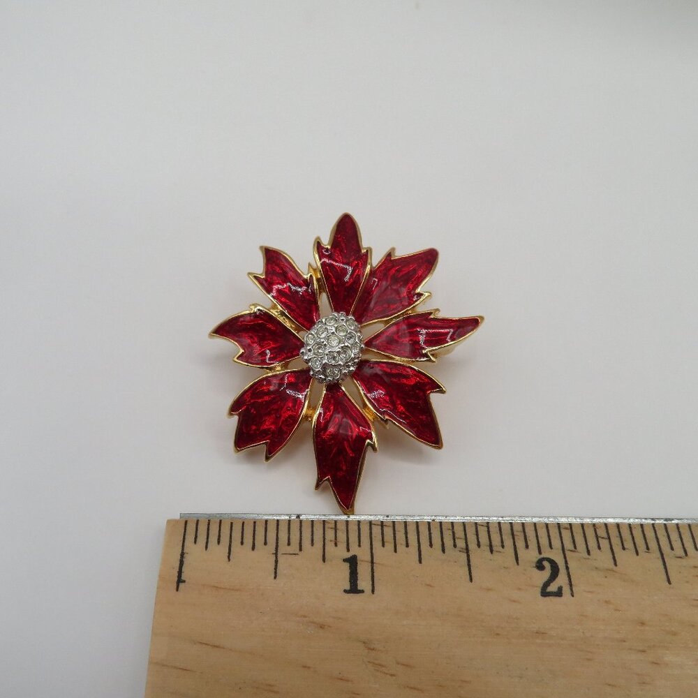 Vintage Poinsettia Enamel Gold Tone Rhinestone Brooch - Picture 5 of 5